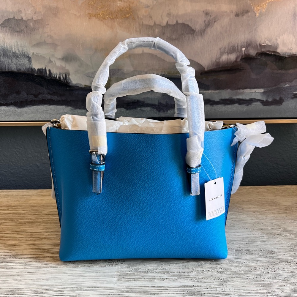 🆕 Coach Mollie Tote 25 Textured Leather Bag in Pacific Blue - Picture 8 of 11
